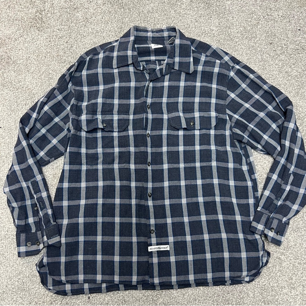 Atlantic Rancher Shirt Mens Large Blue Gray Plaid Soft Rayon Button Up